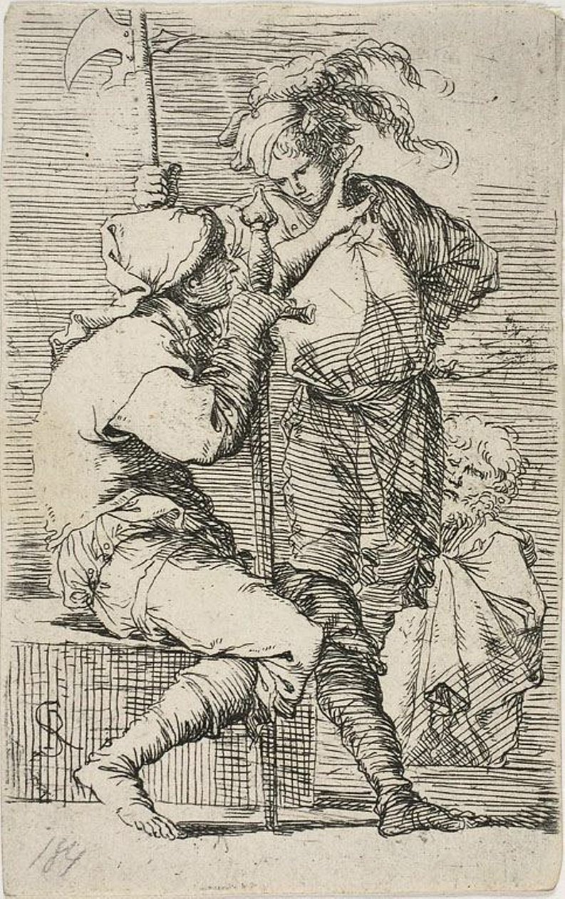 Dos guerreros, uno con una espada, el otro con una alabarda; un anciano barbudo detrás de ellos, de Figurine de Salvator Rosa