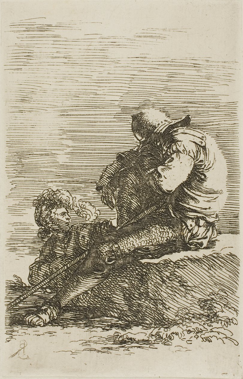 Dos guerreros, uno sentado y dormido sobre una roca en primer plano, de la serie Figurine de Salvator Rosa