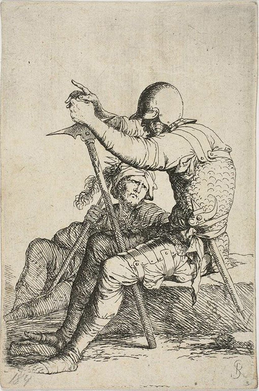 Dos guerreros, uno sentado en una roca baja en primer plano y sosteniendo un martillo de guerra; la otra figura sentada en el suelo detrás de él, sosteniendo una maza sobre su hombro derecho y mirando hacia la figura en primer plano, de la serie Figurine de Salvator Rosa