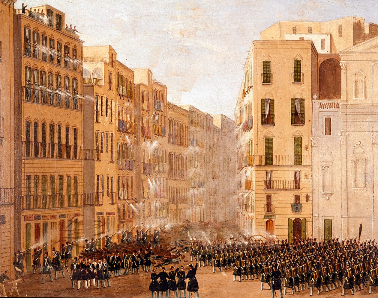 El ejército borbónico reaccionó contra las insurrecciones en Nápoles en mayo de 1848 (detalle) de Salvatore Fergola