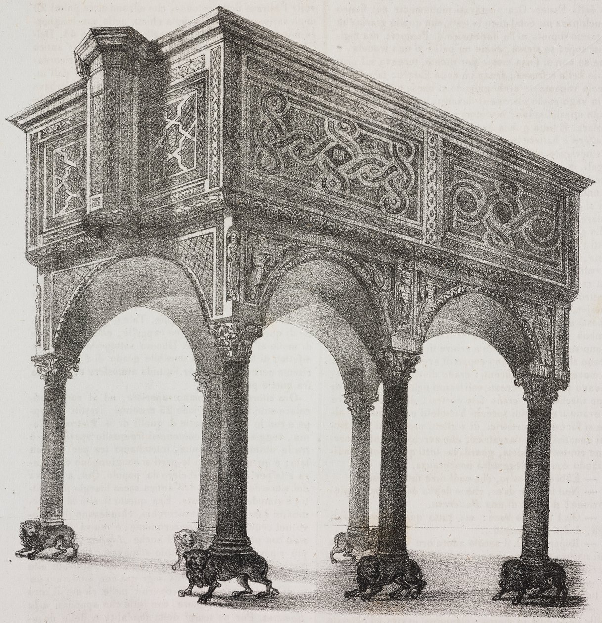 Antiguo ambón de la catedral de Sessa Aurunca, Campania, Italia, litografía de Salvatore Puglia según dibujo de Pasquale Mattei (1813-1879) de Poliorama Pittoresco, n 43, 31 de mayo. de Salvatore Puglia