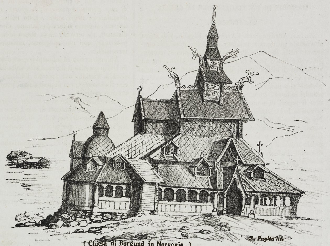 Iglesia de Borgund Stave, Noruega, litografía de Salvatore Puglia de Poliorama Pittoresco, n 40, 14 de mayo de Salvatore Puglia
