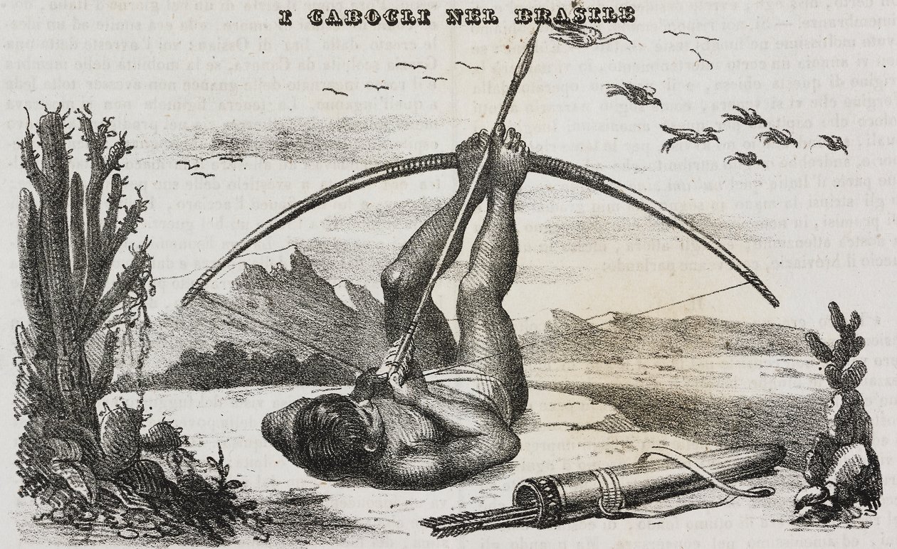 Hombre caboclo con arcos y flechas, Brasil, litografía de Salvatore Puglia de Poliorama Pittoresco, n 41, 18 de mayo de Salvatore Puglia