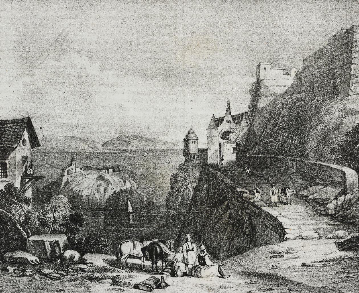 Castillo de Parga, Albania, litografía de Salvatore Puglia de Poliorama Pittoresco, n 9, 9 de octubre de Salvatore Puglia