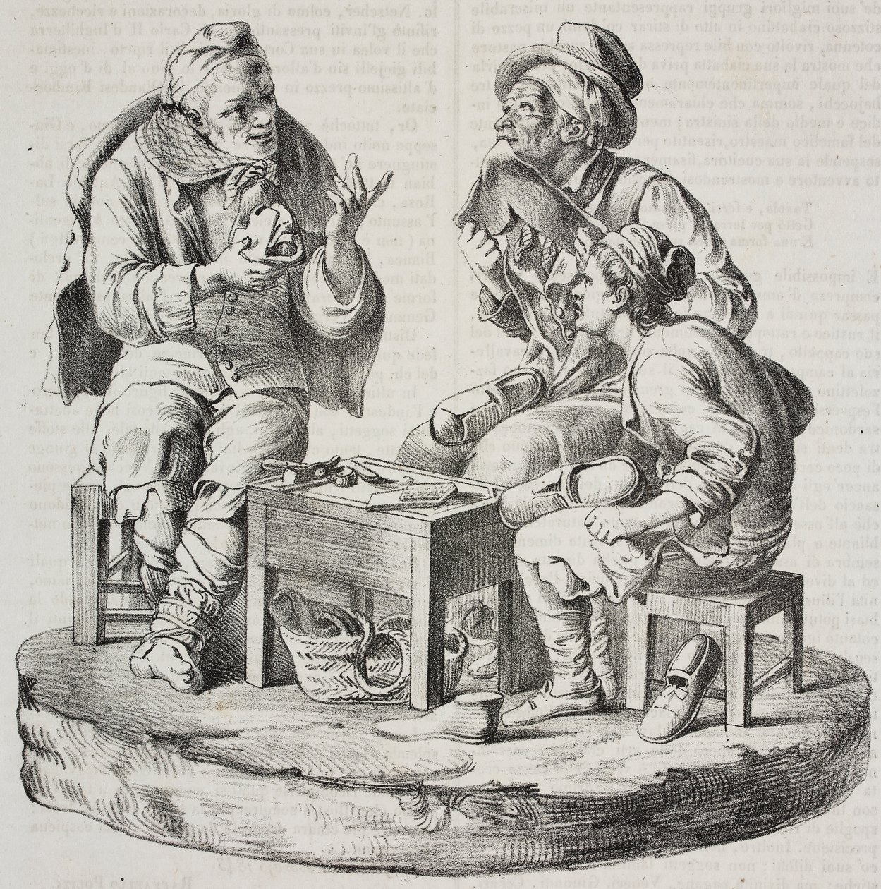 Zapatero en disputa, estatuillas de Giacomo Bongiovanni y Giuseppe Vaccaro, litografía de Salvatore Puglia de Poliorama Pittoresco, n 32, 18 de marzo. de Salvatore Puglia