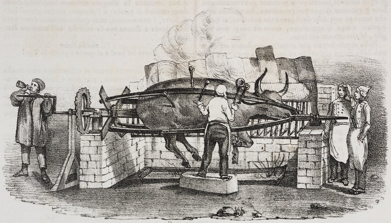 Asado colosal, litografía de Salvatore Puglia del Poliorama Pittoresco, n 4, 2 de septiembre de Salvatore Puglia