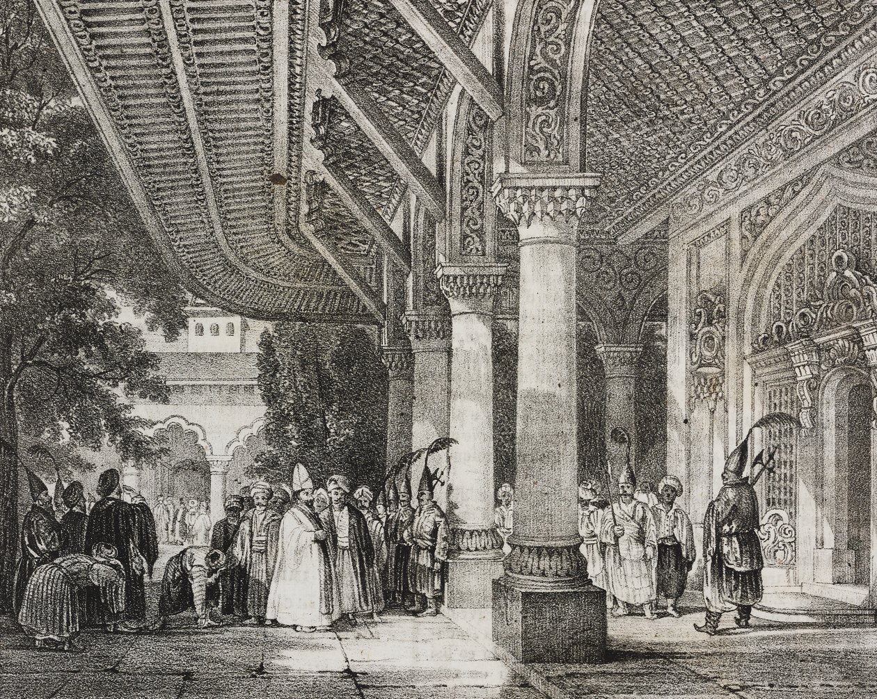 Vestíbulo de Serraglio, Turquía, desde el harén de la historia en Oriente, litografía de Poliorama Pittoresco, n 12, 28 de octubre de Salvatore Puglia