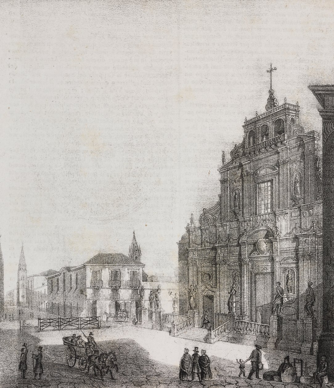 Fachada de la Basílica de San Sebastiano en Acireale, Sicilia, Italia, litografía de Salvatore Puglia de Poliorama Pittoresco, n 39, 3 de mayo de Salvatore Puglia