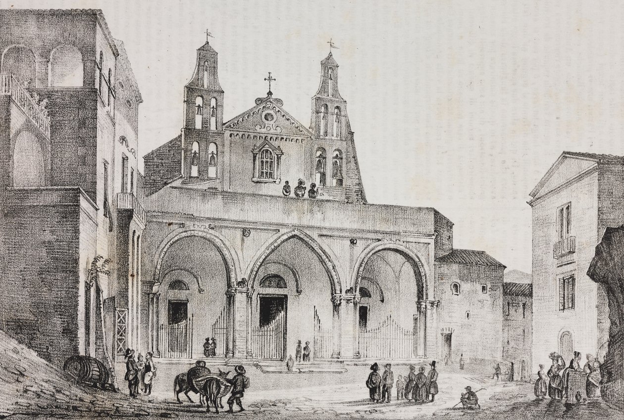 Fachada de la catedral de Sessa Aurunca, Campania, Italia, litografía de Salvatore Puglia sobre dibujo de Pasquale Mattei (1813-1879) de Poliorama Pittoresco, n 42, 24 de mayo. de Salvatore Puglia