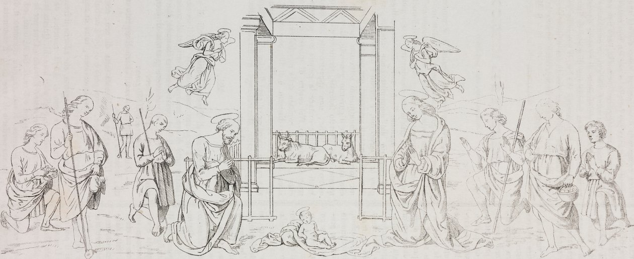 Natividad de Fontignano, Adoración de los pastores, litografía de Salvatore Puglia sobre pintura de Pietro Perugino (hacia 1450-1523) de Poliorama Pittoresco, n 42, 24 de mayo. de Salvatore Puglia