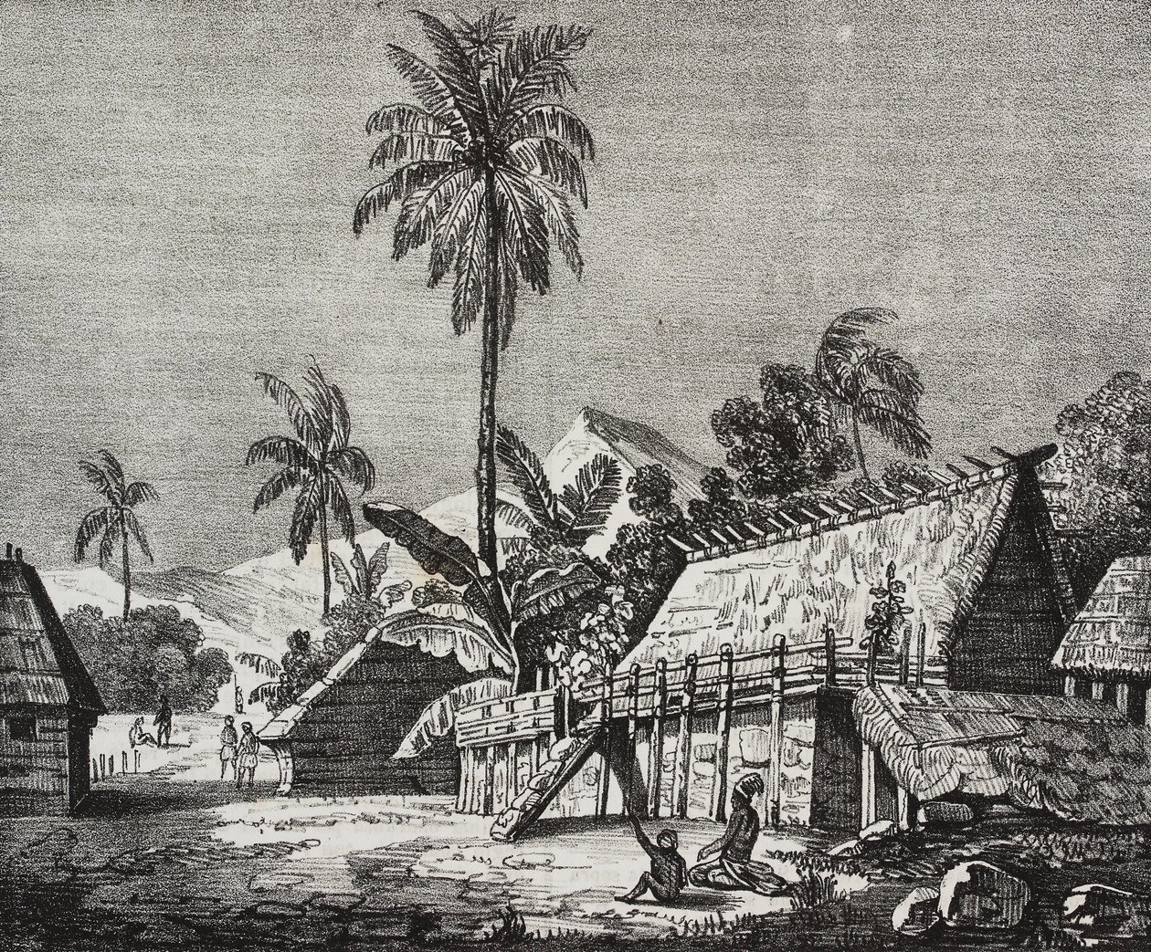 Casa de la reina de la isla Noukahiva (hoy Nuku Hiva), Islas Marquesas, Polinesia Francesa, litografía de Salvatore Puglia de Poliorama Pittoresco, n 37, 22 de abril. de Salvatore Puglia