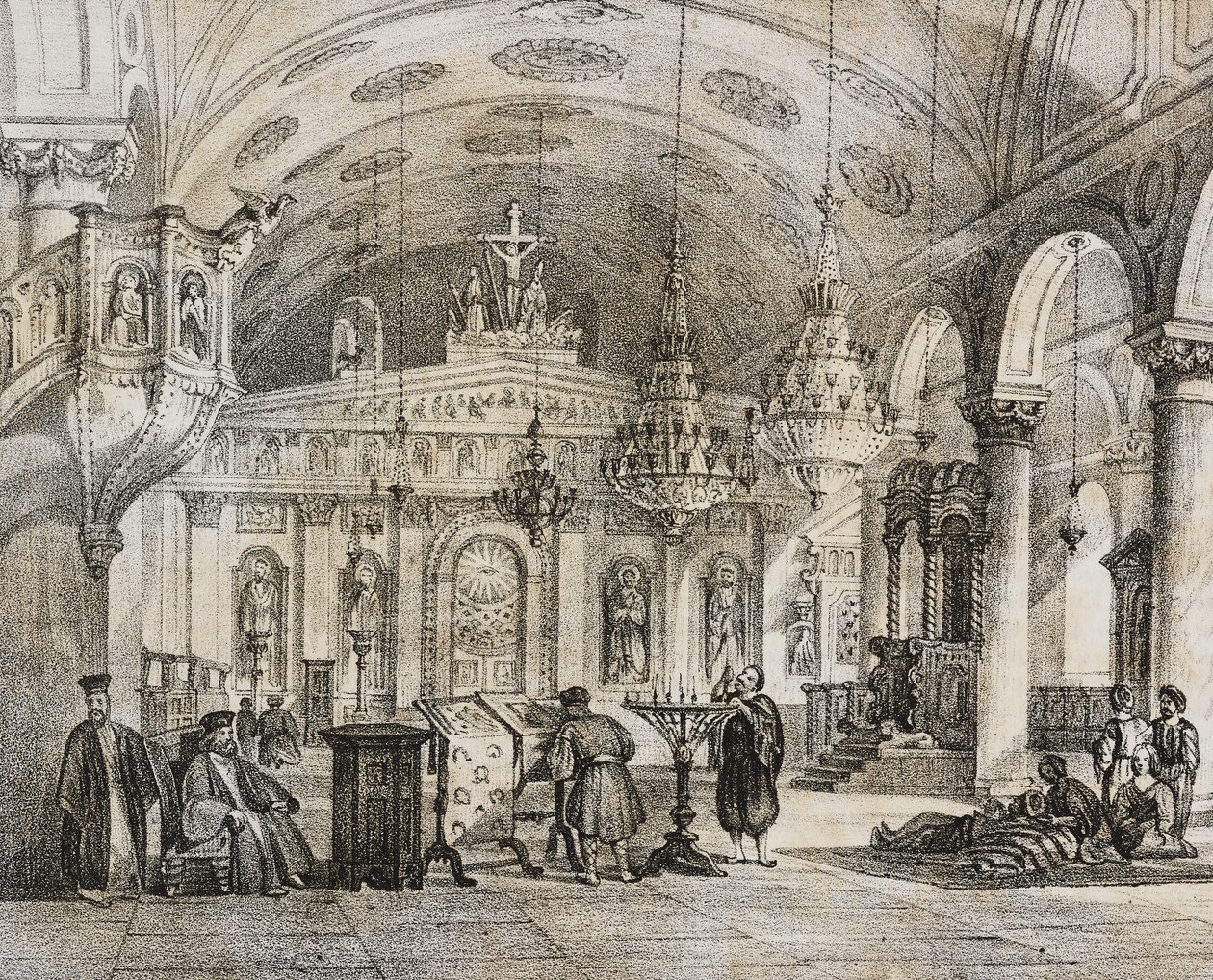Interior de la iglesia griega de Baloukli, cerca de Constantinopla, Turquía, litografía de Salvatore Puglia de Poliorama Pittoresco, n 28, 15 de febrero. de Salvatore Puglia