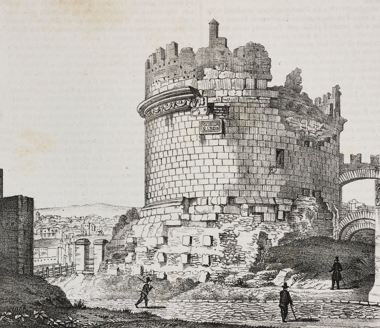 Mausoleo de Cecilia Metella en Via Appia, Roma, Lacio, Italia, litografía de Salvatore Puglia del Poliorama Pittoresco, n 20, 21 de diciembre de Salvatore Puglia