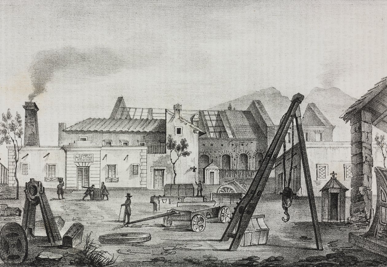 Reale Opificio meccanico (Real Fábrica Mecánica) en Pietrarsa, Campania, Italia, litografía de Gaetano Riccio de Poliorama Pittoresco, n 39, 7 de mayo. de Salvatore Puglia