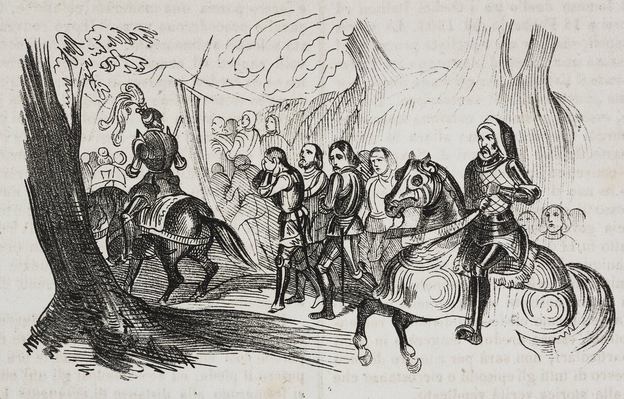 Regreso de los combatientes a Barletta para el desafío, Apulia, Italia, litografía de Salvatore Puglia del Poliorama Pittoresco, n 30, 1 de marzo. de Salvatore Puglia