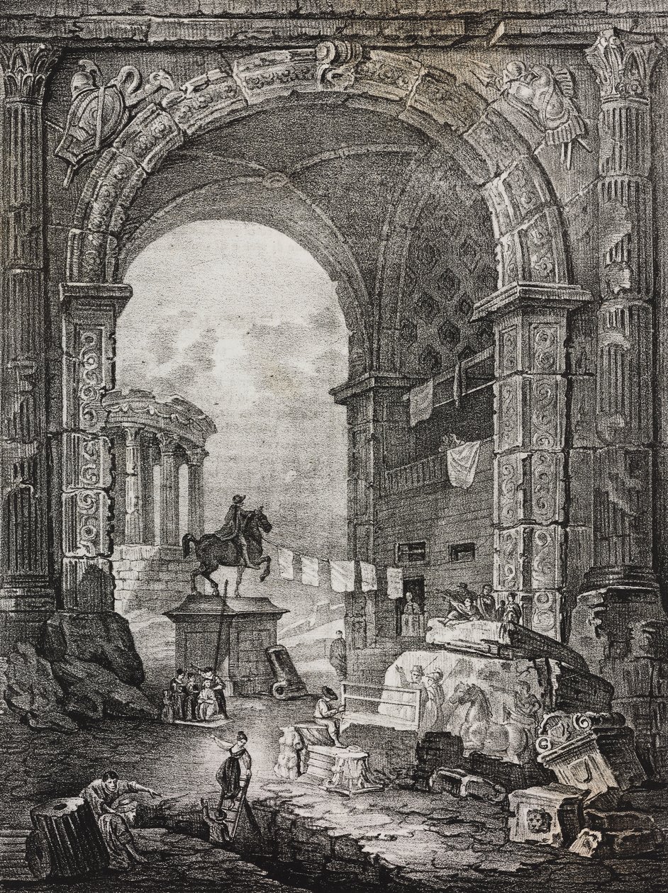 Ruinas romanas, pintura de Hubert Robert (1733-1808), litografía de Salvatore Puglia de Poliorama Pittoresco, n 28, 17 de febrero. de Salvatore Puglia