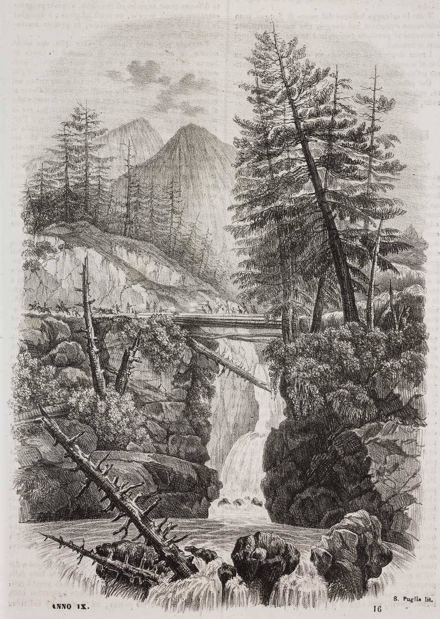 Puente colgante sobre los Pirineos, España, litografía de Salvatore Puglia de Poliorama Pittoresco, n 16, 23 de noviembre de Salvatore Puglia