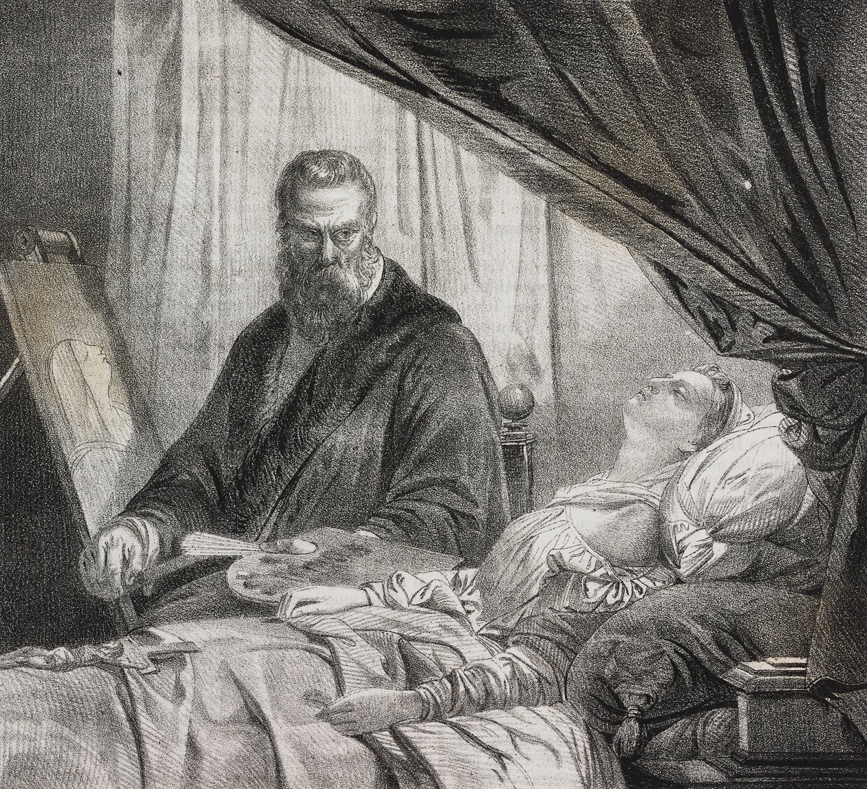 Tintoretto pintando a su hija muerta, litografía de Salvatore Puglia del Poliorama Pittoresco, n 27, 10 de febrero de Salvatore Puglia