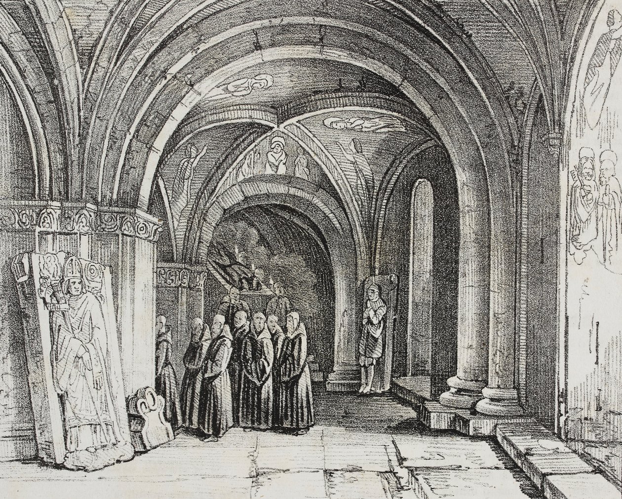 Iglesia subterránea de la catedral de Basilea, Suiza, litografía de Salvatore Puglia de Poliorama Pittoresco, n 50, 22 de julio de Salvatore Puglia