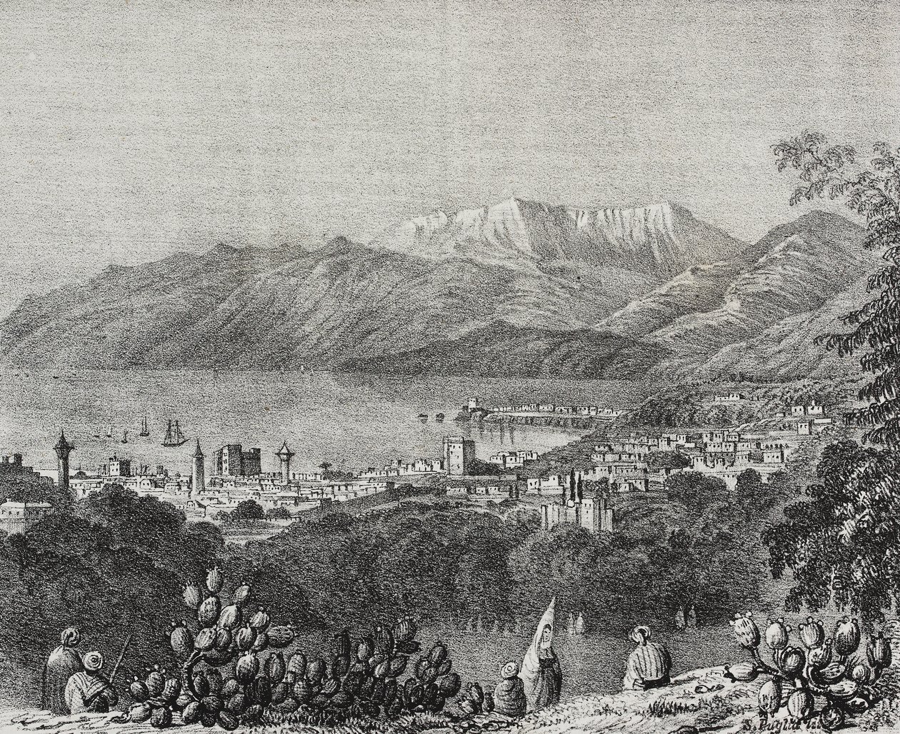 Vista de Beirut y la cordillera del Monte Líbano, Líbano, litografía de Salvatore Puglia de Poliorama Pittoresco, n 8, 1 de octubre de Salvatore Puglia