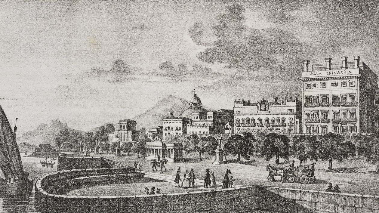 Vista del foro Borbón y del hotel Trinacria, Palermo, Sicilia, Italia, litografía de Salvatore Puglia sobre grabado de Di Giovanni de Poliorama Pittoresco, n 37, 19 de abril. de Salvatore Puglia