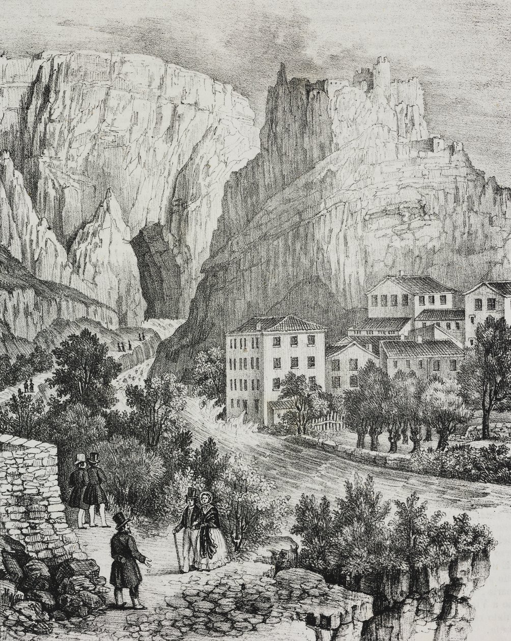 Vista de Fontaine-de-Vaucluse, Francia, litografía de Sardi del Poliorama Pittoresco, n 51, 30 de julio de Salvatore Puglia