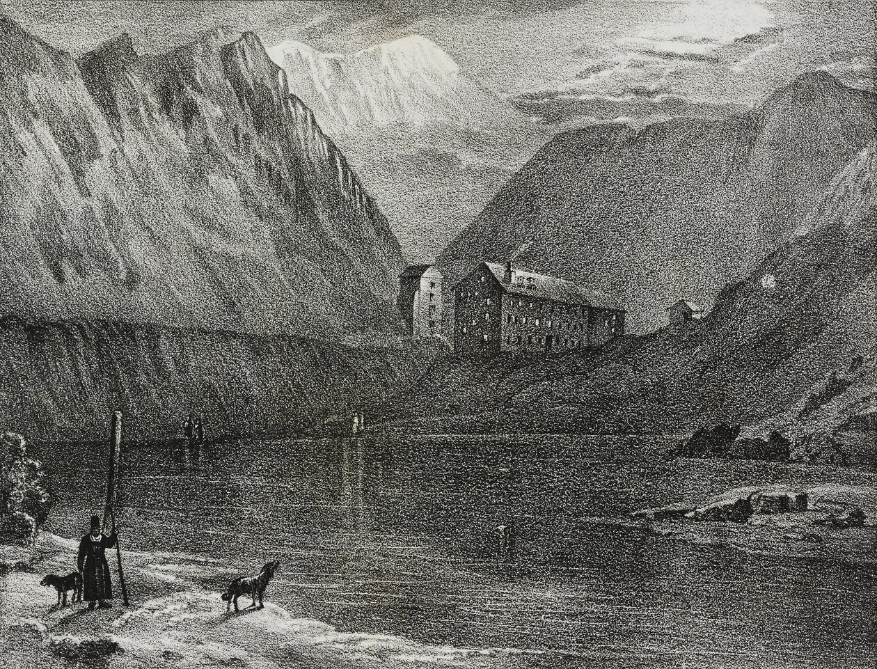Vista del hospicio del Gran San Bernardo desde el lago, frontera Italia-Suiza, litografía de Salvatore Puglia de Poliorama Pittoresco, n 9, 9 de octubre de Salvatore Puglia