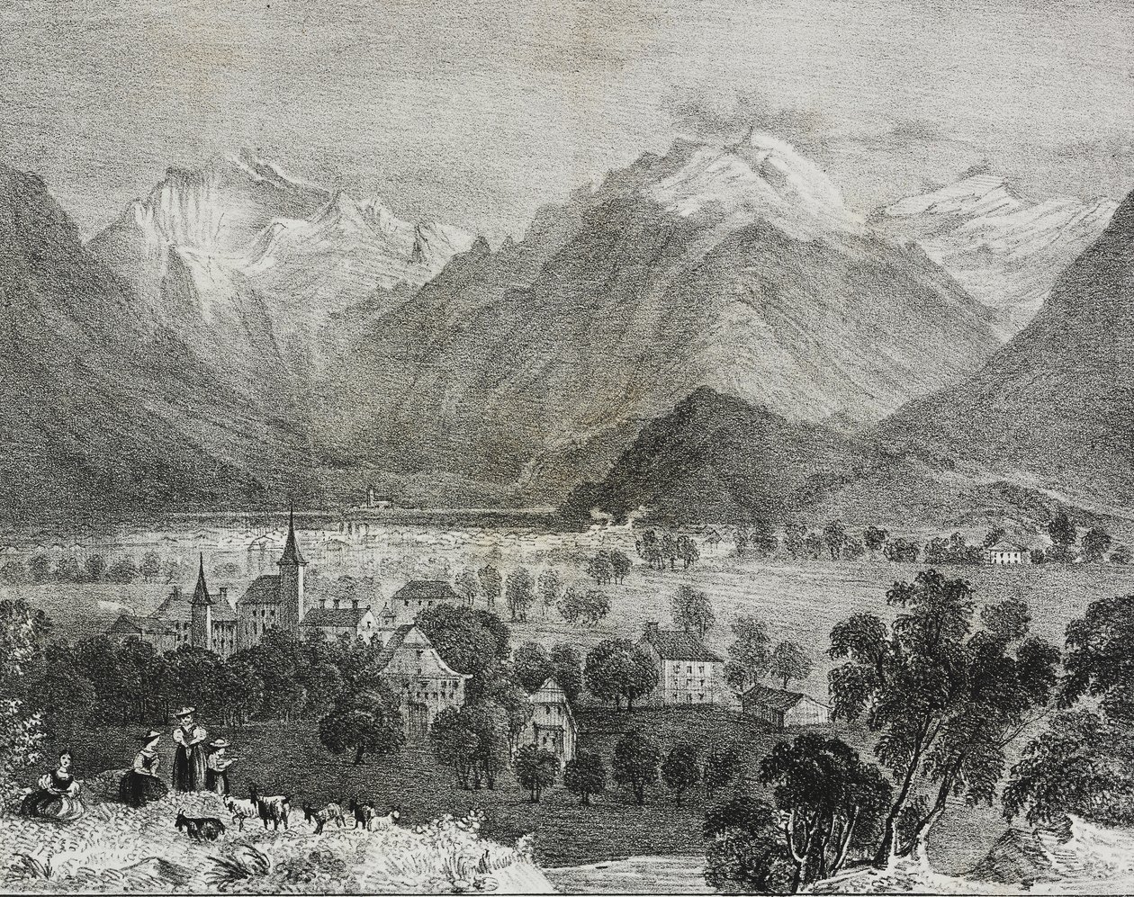 Vista de Interlaken, Suiza, litografía de Salvatore Puglia del Poliorama Pittoresco, n 36, 16 de abril de Salvatore Puglia