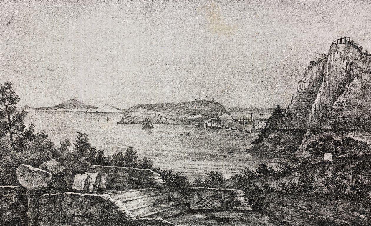 Vista de Posillipo desde la terraza de monseñor Di Pietro, Campania, Italia, litografía de Salvatore Puglia de Poliorama Pittoresco, n 32, 16 de marzo. de Salvatore Puglia