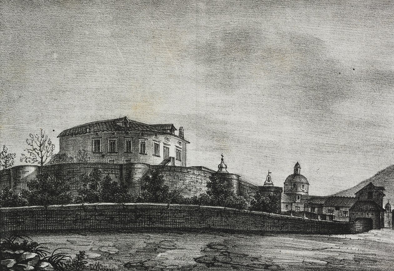 Vista del castillo de Acerra, Campania, Italia, litografía de Salvatore Puglia del Poliorama Pittoresco, n 30, 5 de marzo de Salvatore Puglia