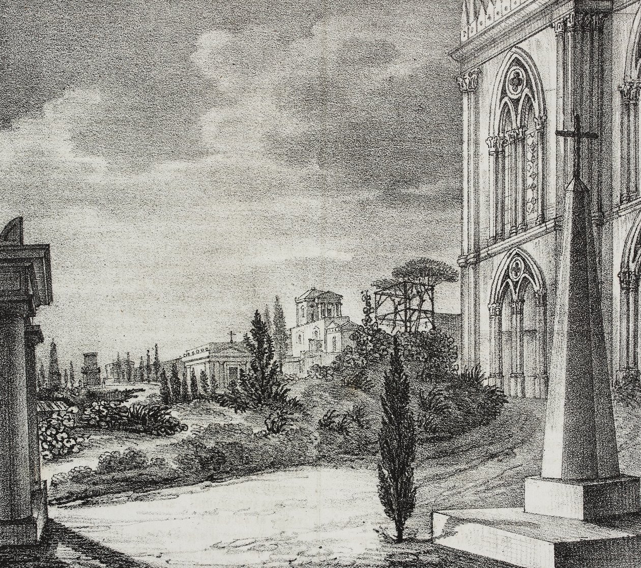 Vista del cementerio desde un convento gótico, Nápoles, Campania, Italia, litografía de Salvatore Puglia de Poliorama Pittoresco, n 34, 1 de abril de Salvatore Puglia