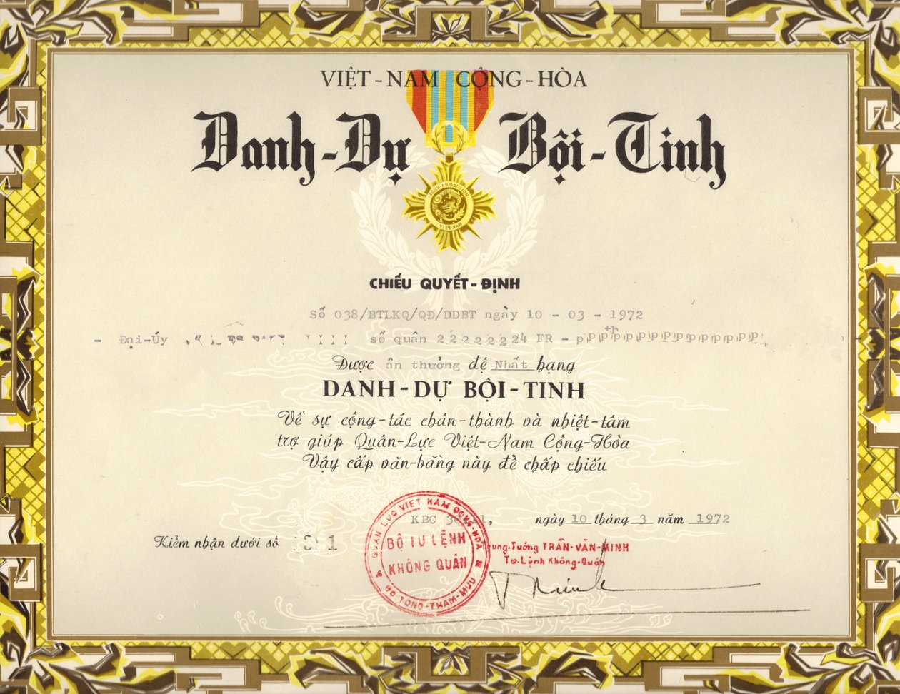 Citación de la Medalla de Honor de las Fuerzas Armadas de Vietnam (Primera Clase) de Same.