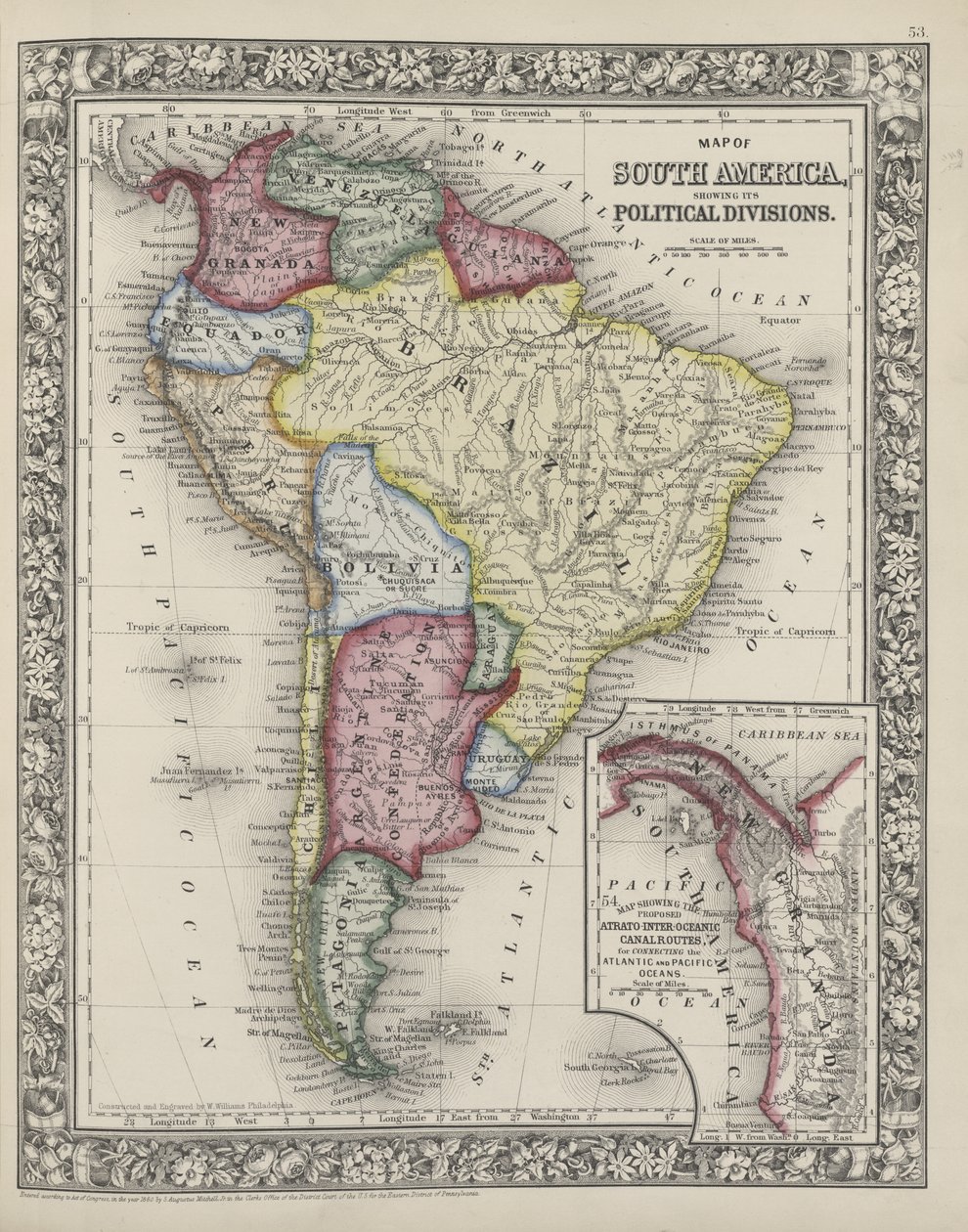 Mapa de América del Sur mostrando sus divisiones políticas del nuevo atlas general de Mitchell, 1863 de Samuel Augustus Mitchell