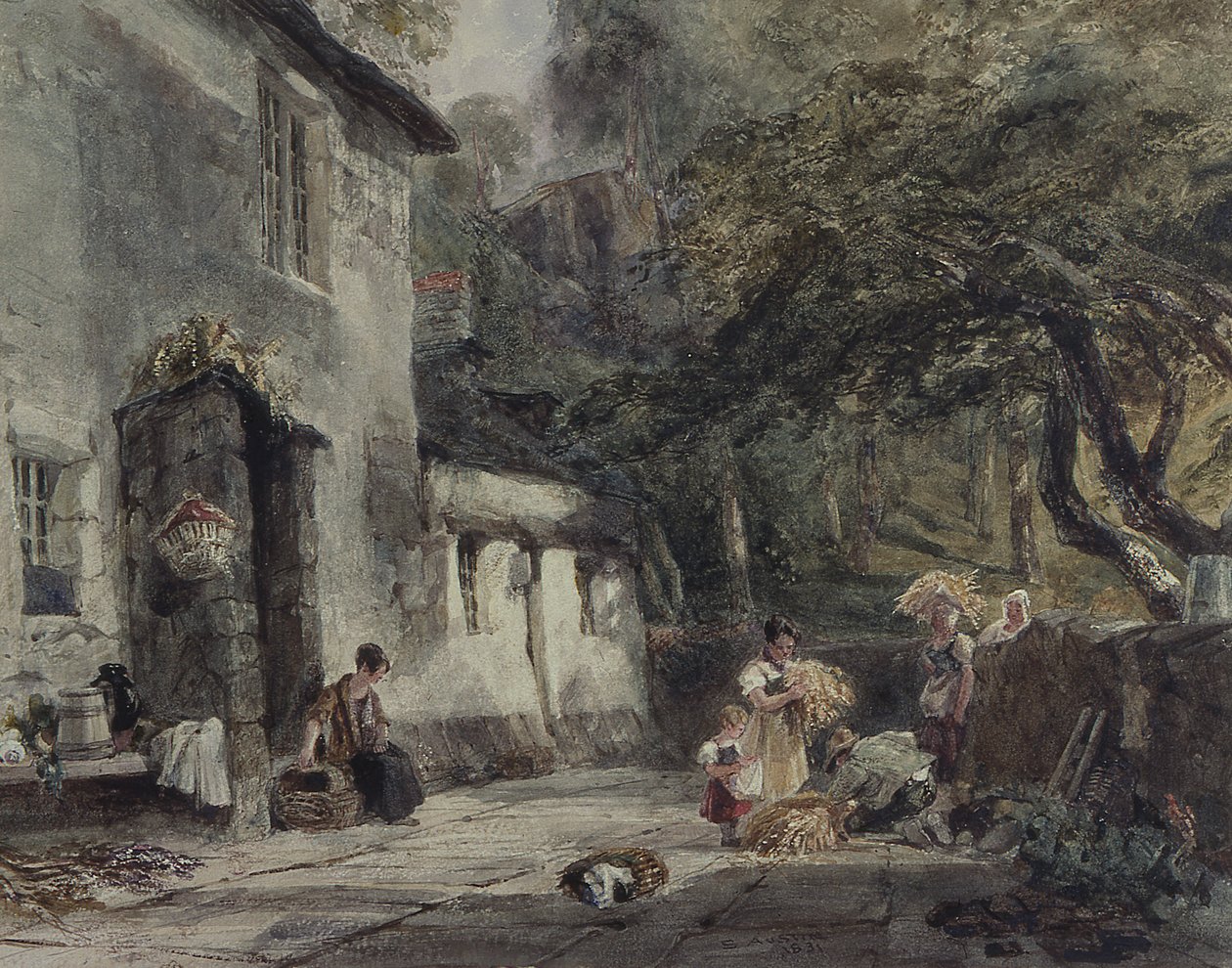 Una cabaña en el norte de Gales, con figuras de Samuel Austin