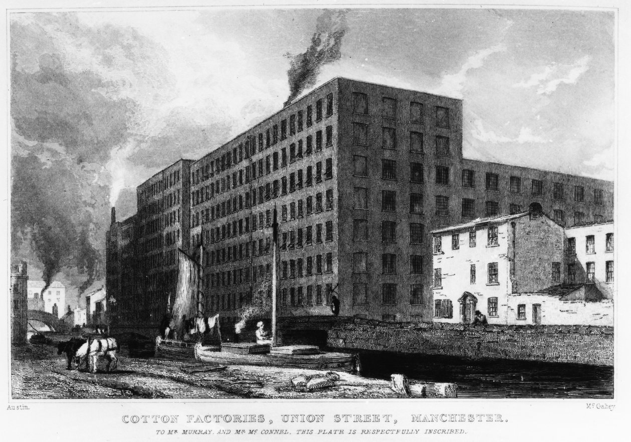 Fábricas de algodón, Union Street, Manchester, grabado por John McGahey, 1829 de Samuel Austin