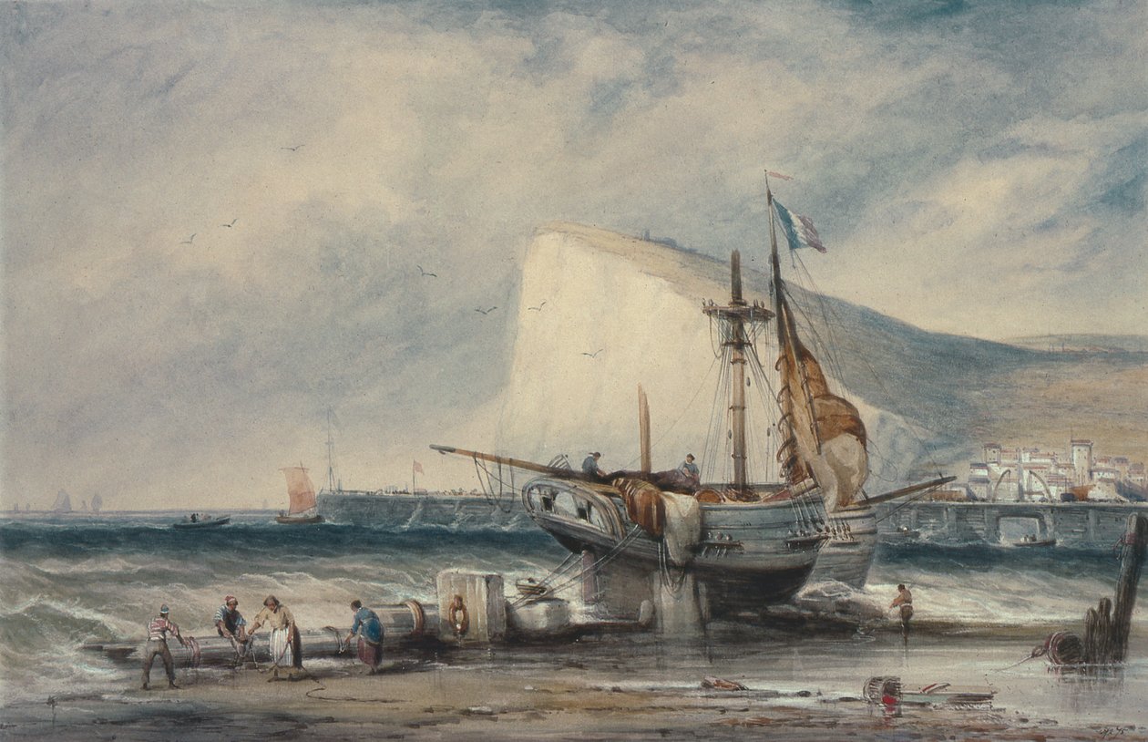 El acantilado de Shakespeare, Dover, con lanchas en la playa de Samuel Austin