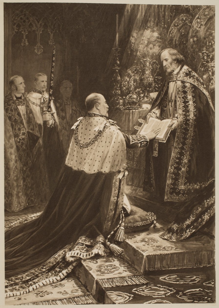 La ceremonia de coronación de 1902: La posición del Rey Eduardo VII al tomar el juramento, de 