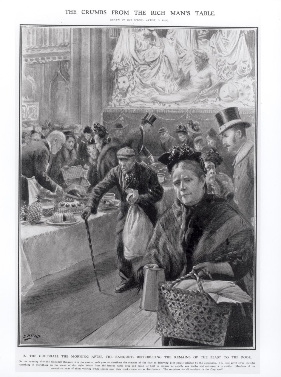 Las migajas de la mesa del rico: distribuyendo los restos del banquete a los pobres en el Guildhall la mañana después del banquete, 1908 de Samuel Begg