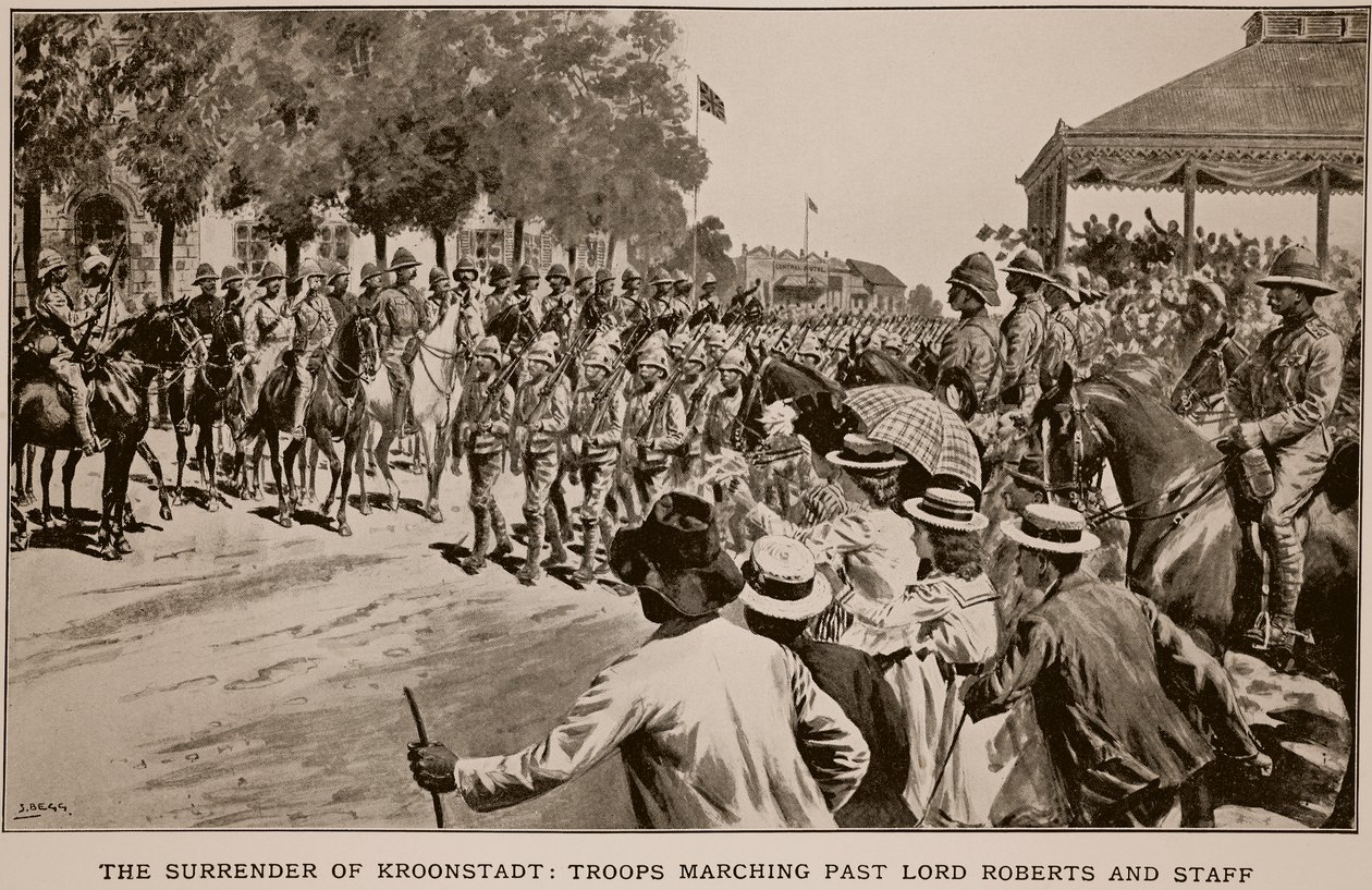 La rendición de Kroonstadt: Tropas desfilando ante Lord Roberts y su estado mayor, de un boceto de Melton Prior (1845-1910) de Samuel Begg