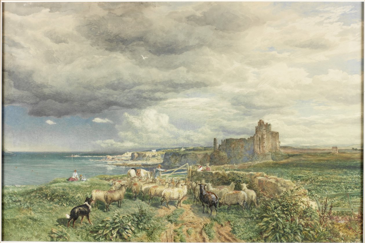 Costa del mar con castillo, ovejas y pastor de Samuel Bough
