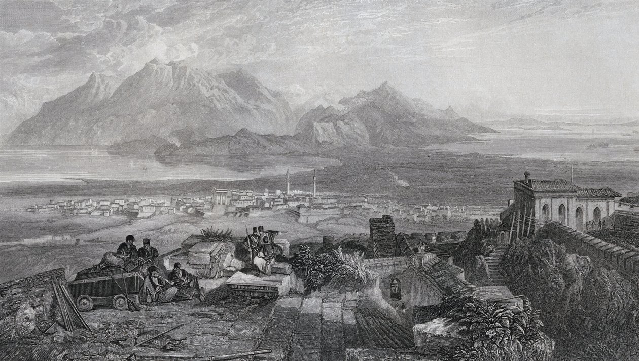 Ciudad e Istmo de Corinto visto desde la Acrópolis, grabado por W. Miller, de 