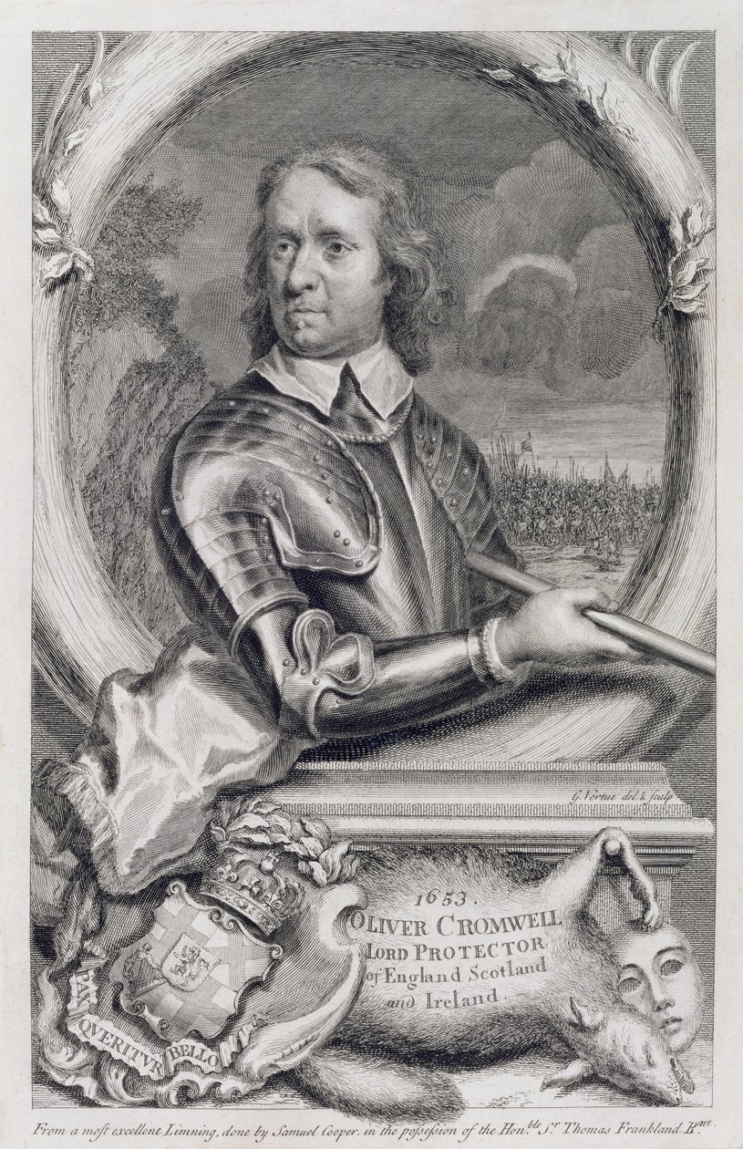 Oliver Cromwell (1599-1658) Lord Protector de Inglaterra, Escocia e Irlanda en 1653, grabado por George Vertue (1684-1756) de Samuel Cooper