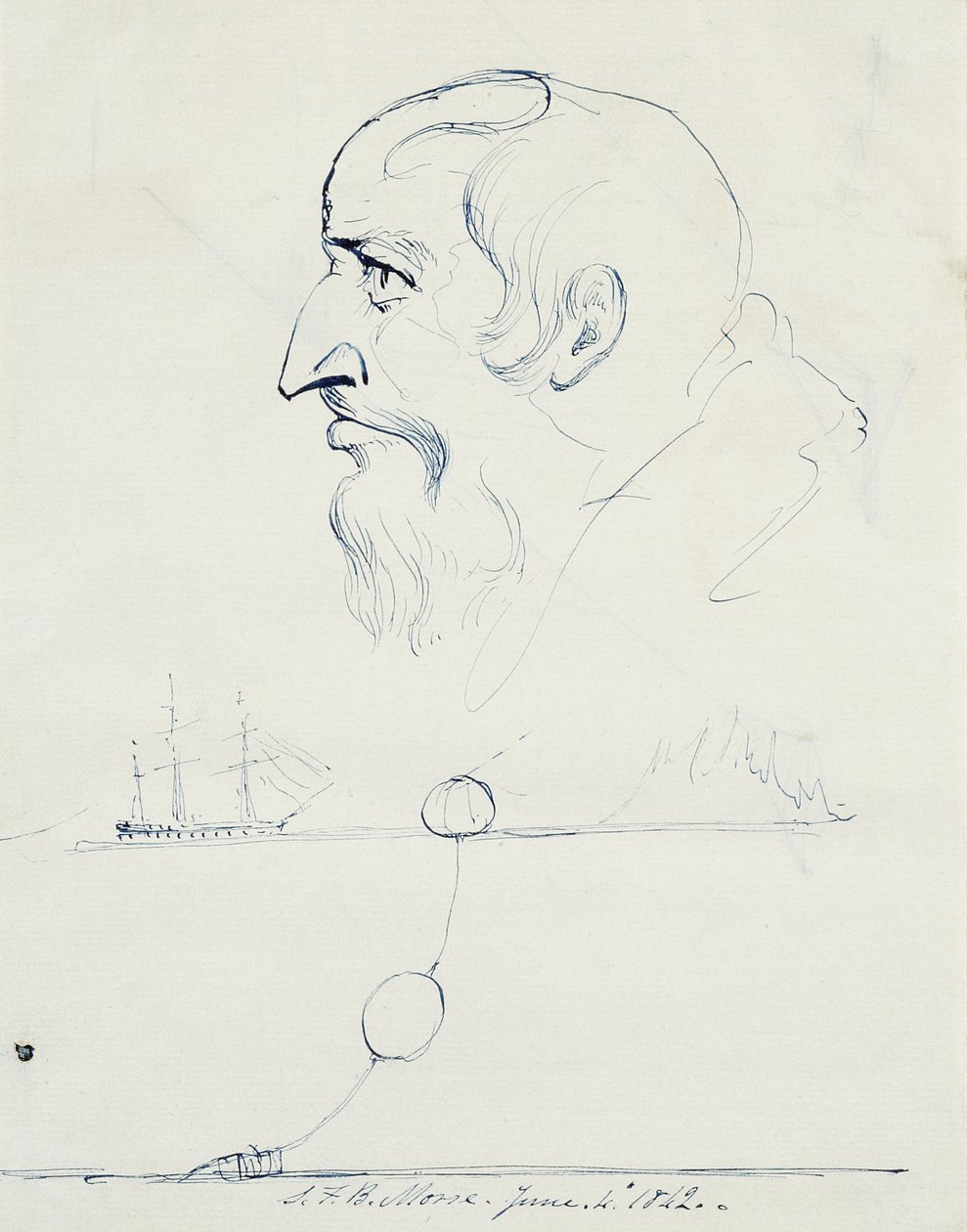 Perfil de un hombre barbudo y diseño para el cable atlántico, 1842 de Samuel Finley Breese Morse