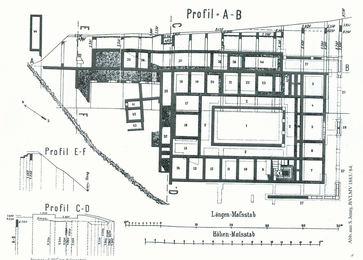 Plano de la villa romana Am Steinbühel en Bregenz Brigantium de Samuel Jenny