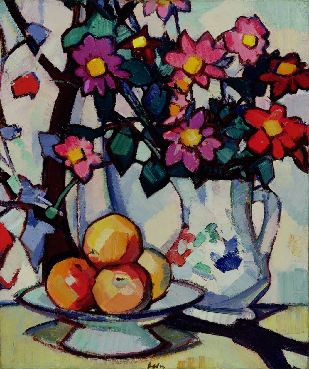 Naturaleza muerta de dalias y frutas de Samuel John Peploe