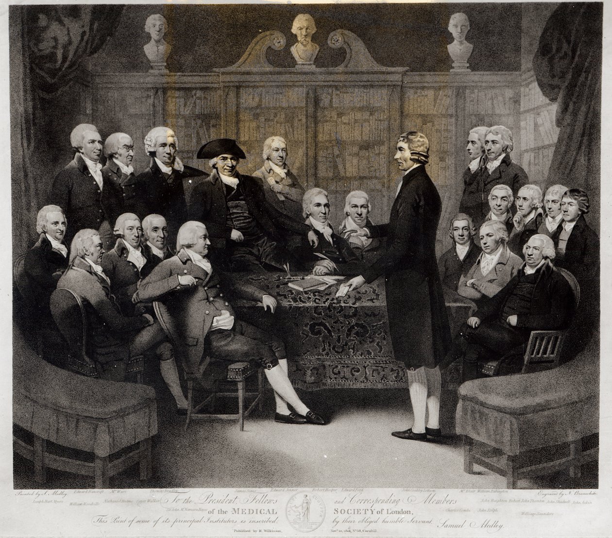 Retrato de Grupo del Presidente, Miembros y Miembros Correspondientes de la Sociedad Médica de Londres, grabado por Nathan Cooper Branwhite (1775-1857), publicado por R. Wilkinson, 1801 de Samuel Medley