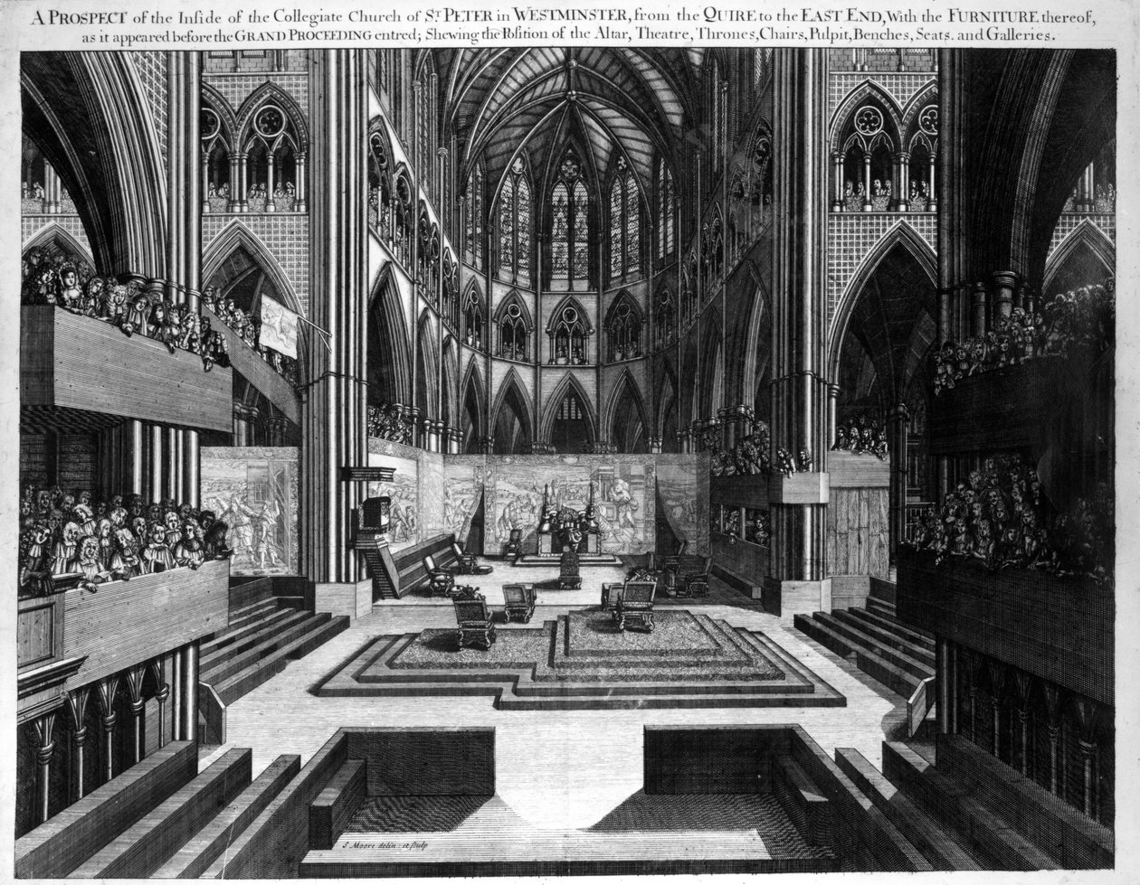 Perspectiva del Interior de la Iglesia Colegiada de San Pedro en Westminster (Abadía de Westminster) antes de la Coronación de Jacobo II (1633-1701) 1688 de Samuel Moore