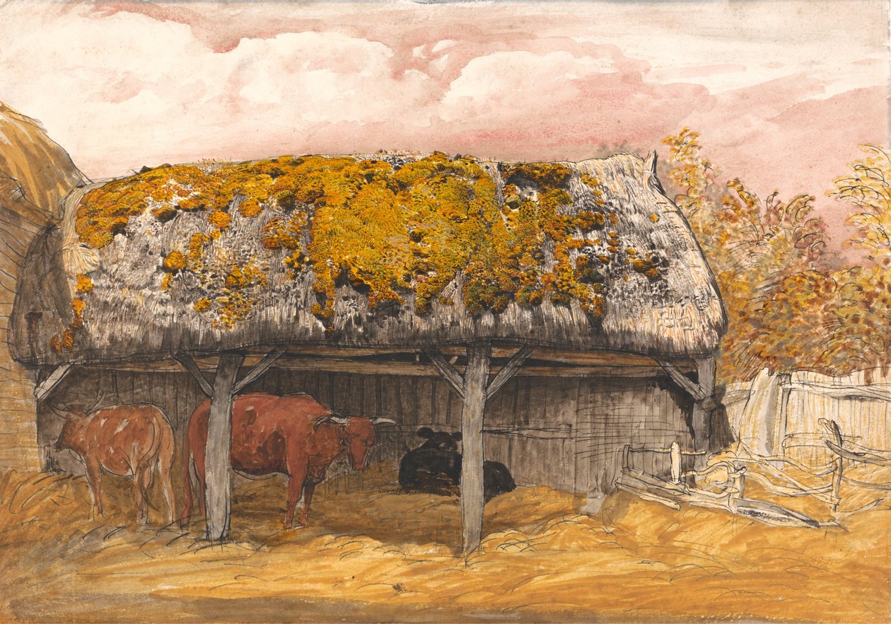 Refugio de vacas con techo musgoso de Samuel Palmer
