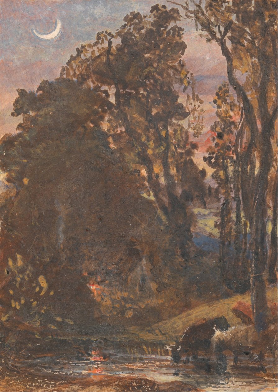Atardecer, Ganado Bebiendo Agua de Samuel Palmer