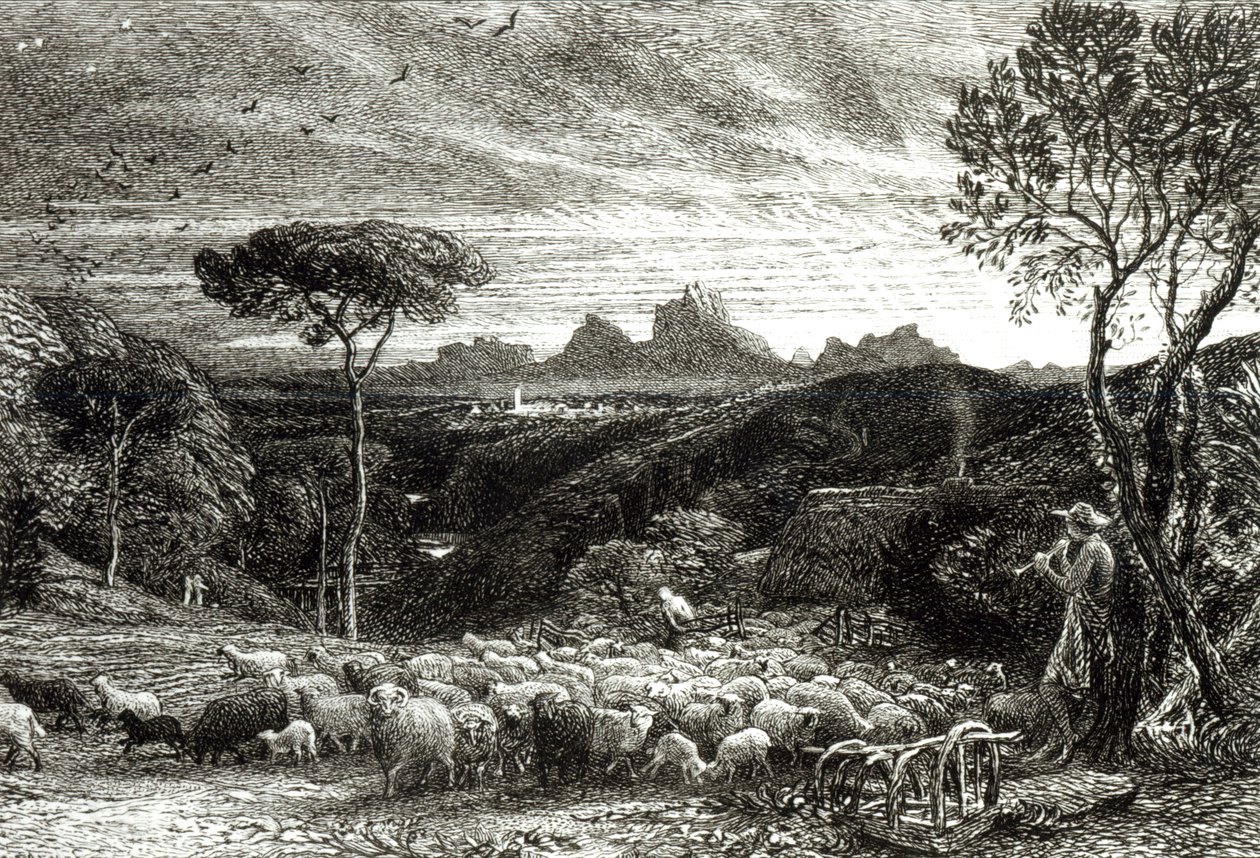 Abriendo el redil, temprano en la mañana, 1880 de Samuel Palmer